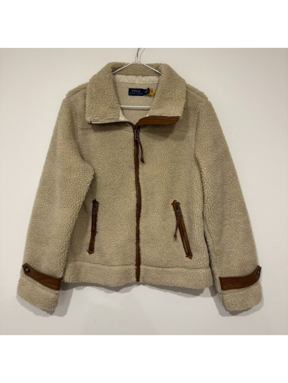 Polo Ralph Lauren Womens Leather Trim Shearling Deep Pile Fleece Jacket Size S